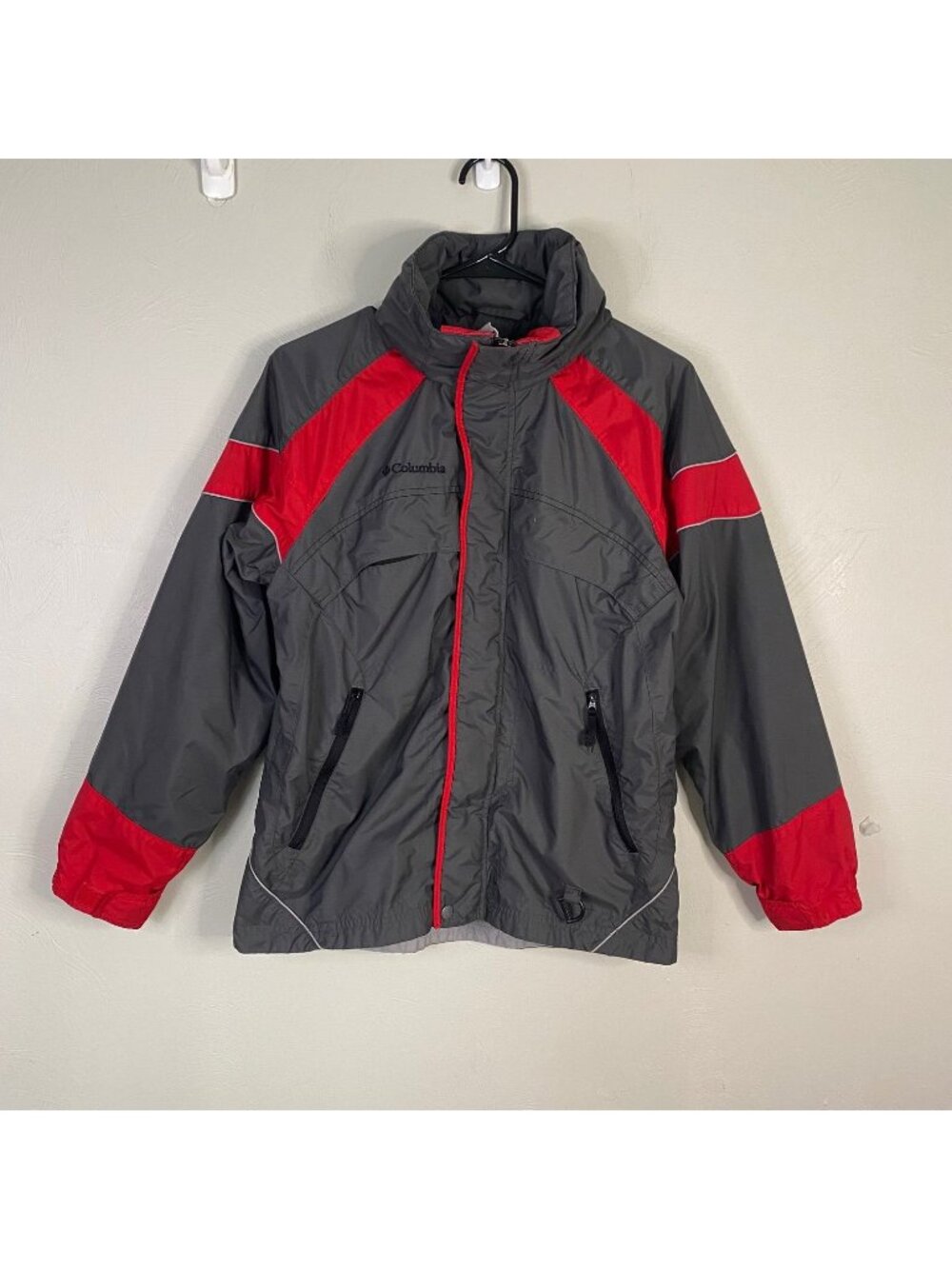 Columbia Boys Rain Wind jacket Gray Red Sz 14/16 Hoodie Pockets Full zip Outdoor